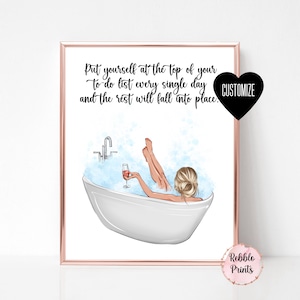 Selfcare print, mental health print, bath print, relaxing lady, relax card