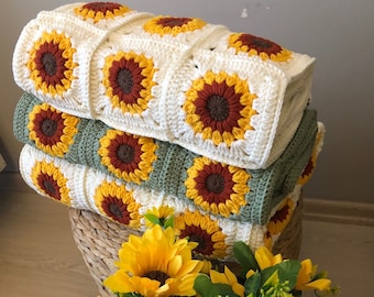 Crochet Sunflower Granny Square Blanket: Handmade Throw