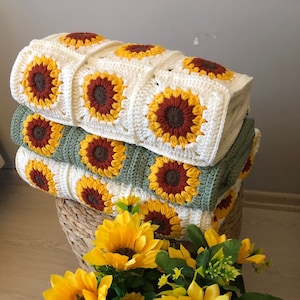 Gehaakte zonnebloemdeken / Grandma Square-zonnebloemdeken / Handgemaakte deken / Gehaakt plaid
