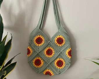 Crochet Sunflower Granny Square Bag: Boho Market Tote