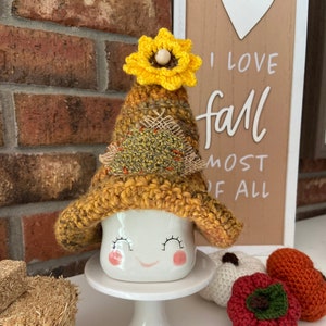 Crochet Marshmallow Mug Hat: Fall Sunflower Tiered Tray Decor