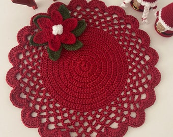 Crochet Christmas Placemat: Red Holiday Table Centerpiece
