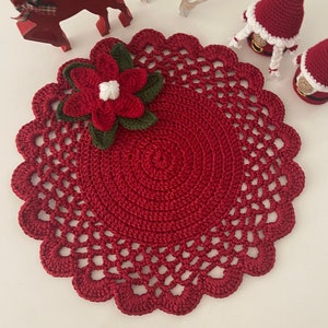 Crochet Christmas Placemat: Red Holiday Table Centerpiece