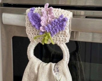 Soporte para toallas de lavanda hecho a mano con ganchillo, anillo para toallas de cocina rústico, decoración de cocina de granja, colgador de toallas floral de lavanda, regalo para el hogar