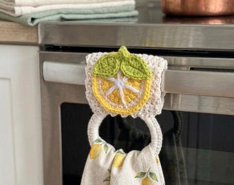 Soporte para toallas de ganchillo con forma de limón, decoración de cocina rústica, anillo para toallas de cocina con temática de limón, organizador de cocina hecho a mano, regalo frutal