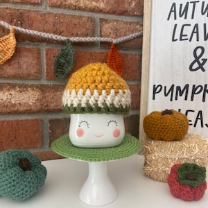 Crochet Marshmallow Mug Hat: Fall Tiered Tray Decor
