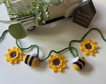 Crochet Sunflower Bumblebee Garland: 40-inch Nursery Wall Decor
