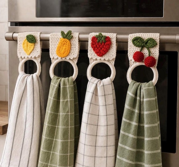 Crochet Towel Holder Farmhouse Kitchen Decor Hanging Dish Towel Ring Handmade Kitchen Organizer Fruit Kitchen Gift