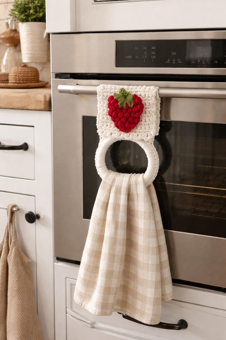 Puede incluir: Un pa&ntilde;o de cocina colgante con un patr&oacute;n de cuadros beige y blanco, sujeto a un soporte de anillo de ganchillo blanco. La parte superior del soporte est&aacute; decorada con una fresa de ganchillo roja tridimensional con hojas verdes.