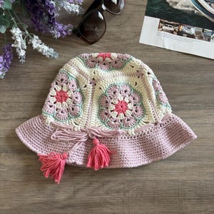 Handmade Crochet Granny Square Bucket Hat: Floral Cotton Sun Hat
