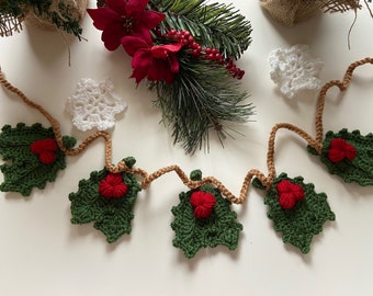 Crochet Christmas Garland: Handmade Holly Leaves Decor (38-40 inches)