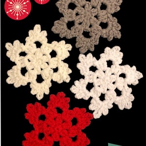 May include: Four crocheted snowflakes in red, white, and gray. The snowflakes are arranged in a semi-circle on a black background.