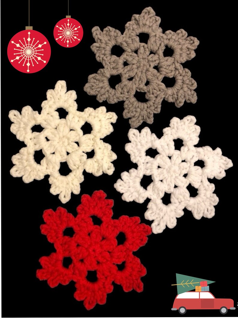 May include: Four crocheted snowflakes in red, white, and gray. The snowflakes are arranged in a semi-circle on a black background.