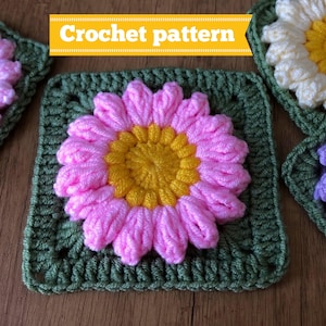 Daisy Granny Square Crochet Pattern – 3D Crochet Daisy PDF for Blanket, Bag, Pillow