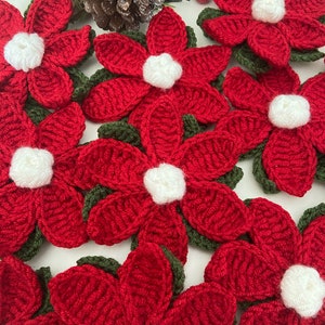May include: A collection of red crocheted poinsettia flowers with white centres. The flowers are arranged in a circular pattern on a white background.