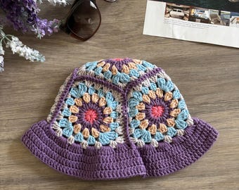 Crochet Bucket Hat Granny Square Pattern Purple Lavender 