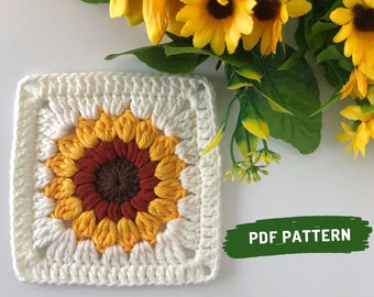 Sunflower Granny Square Crochet Pattern – DIY Blanket, Bag (PDF Pattern)