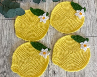 Posavasos de limón hechos a mano de ganchillo con forma de rodaja de limón, decoración de cocina de verano, bonito posavasos para bebidas, alfombrilla para taza de café