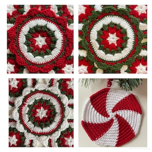 Peut inclure: Quatre d&eacute;corations de No&euml;l en crochet de couleur rouge, blanche et verte. Les d&eacute;corations sont en forme d'&eacute;toile, de canne en sucre et de deux d&eacute;corations rondes avec un motif de flocon de neige.