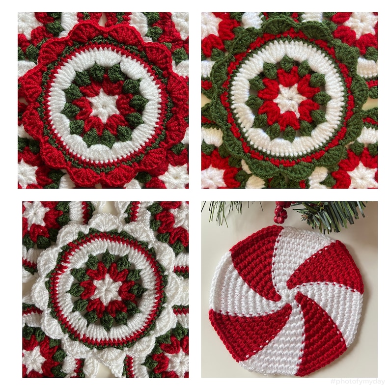 Peut inclure: Quatre d&eacute;corations de No&euml;l en crochet de couleur rouge, blanche et verte. Les d&eacute;corations sont en forme d'&eacute;toile, de canne en sucre et de deux d&eacute;corations rondes avec un motif de flocon de neige.