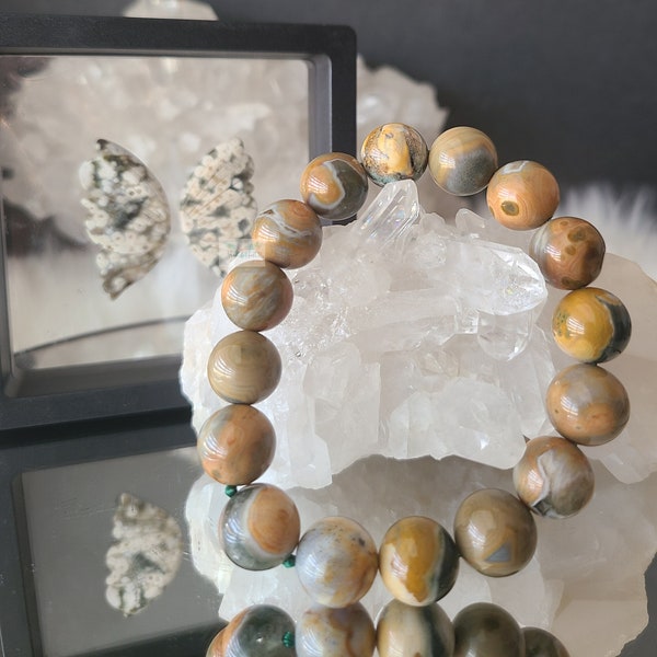 Ocean Jasper Bracelet, Ocean Jasper Butterfly Wings, Ocean Jasper Carving, Old Stock Ocean Jasper, Ocean Jasper Jewelry, 12.6mm OJ Bracelet