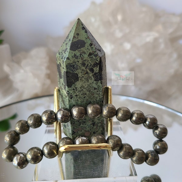 Bubble Pyrite in Green Jasper Tower and Pyrite Bracelet, Bracelet stretch fit, Pyrite Jewelry, Crystal set, Pyrite Inclusion, Rare crystal