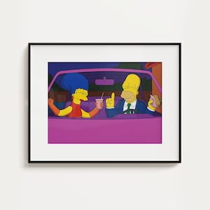 May include: Framed print depicting a cartoon scene of a man and woman in a pink car. The man, with yellow skin, is holding a burger and pointing. The woman, with blue hair, holds a drink. The background is a night scene.