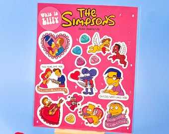 Simpsons Love-Themed Sticker Sheet - Waterproof Vinyl Stickers, Romantic Pop Culture Collection, Durable Cartoon Love Decals, birthday gift