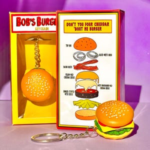 Joli porte-clés Burger - Boîte faite main inspirée de Bob's Burger - Bijou de sac fantaisie, Cheeseburger - Bob et Linda Belcher - Cadeau amusant