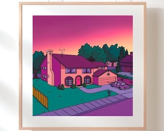 Simpsons Evergreen Terrace Art Print: Pink Sunset Watercolor Style