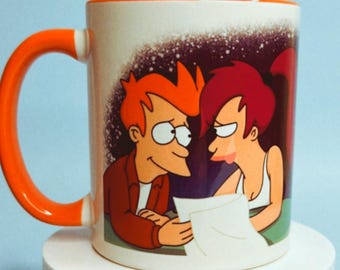 Futurama Mug: I Love You Leela, Fry and Leela - Pink Ceramic Coffee Cup