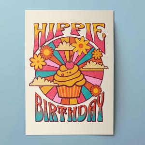Cartão digital de aniversário hippie - Cartão de feliz aniversário para download instantâneo - Cartão de aniversário retrô e engraçado - Arte digital - Design fofo de muffin