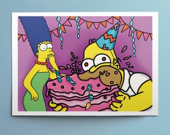 Homer Simpson Birthday Card: Bites Cake, Funny Art (Digital Download)