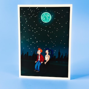 Tarjeta de arte digital romántica inspirada en la luna de Fry y Leela: Futurama / Tarjeta imprimible de descarga instantánea / Feliz cumpleaños El mejor recuerdo