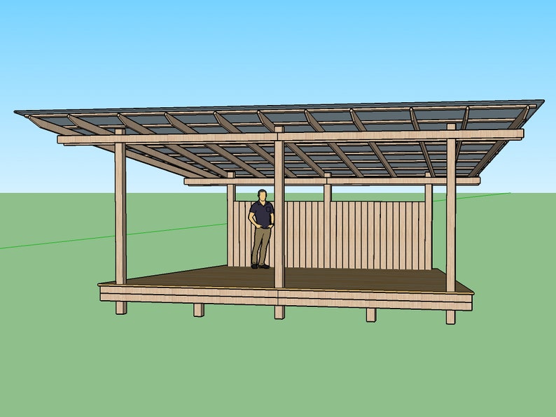 May include: A wooden outdoor structure with a slanted roof and a wooden deck. The structure has a wooden wall on one side and is supported by wooden posts.