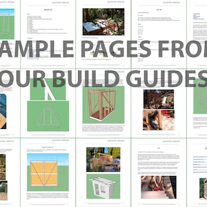 May include: Sample pages from a build guide for an elevated platform or treehouse. The guide includes diagrams, instructions, and photos of the construction process. The text on the page reads "Elevated Spaces".