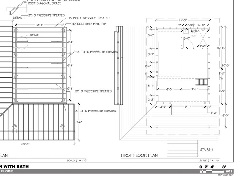 May include: A black and white architectural drawing of a first floor plan for a house with a bath. The plan shows a 9' x 14' room with a 6' x 8' bathroom, a 7' x 7' staircase, and a 3' x 9' deck. The drawing includes dimensions in feet.
