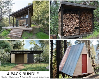 4 Pack - Save on Tiny House Cabin + Bathroom plans - A-Frame Cabin plans - Modern Shed plans - Firewood Shed plans - PDF