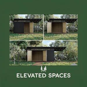 Può includere: Un'immagine composita di tre moderne strutture esterne con pareti grigio scuro, porte in legno chiaro e tetti neri. Le strutture sono ambientate in un ambiente naturale con alberi ed erba. Il testo "ELEVATED SPACES" è in basso.