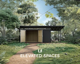 8X20 Modern Shed Plans PDF - Step-by-Step Illustrated Build Guide - 3D Sketchup Model - Shed with Porch (Construction drawings/blueprints)