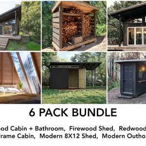 6 Pack - Save on Cabin Plans (with and without bathroom) - A-Frame Cabin Plans - Modern Shed plans (8X12) - Firewood Shed - Outhouse - PDF