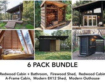 6 Pack - Save on Cabin Plans (with and without bathroom) - A-Frame Cabin Plans - Modern Shed plans (8X12) - Firewood Shed - Outhouse - PDF