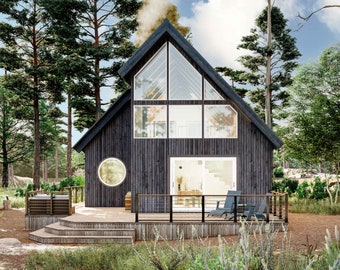 25x32 Modern Cabin Plans PDF - 2 Bed, 1250 SqFt With Loft - A-Frame Cabin Blueprints  - A Frame House Plans - Modern Cabin Plans