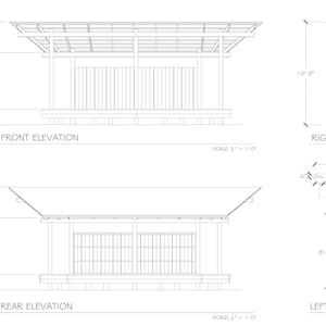 May include: Line drawing architectural plans for a covered patio with dimensions labeled in feet. The plans show the front, rear, right, and left side elevations of the patio.