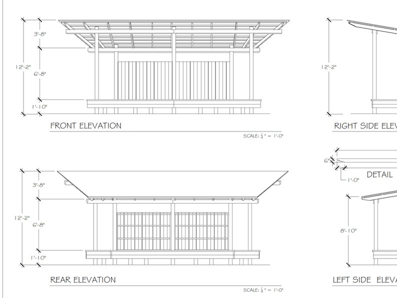 May include: Line drawing architectural plans for a covered patio with dimensions labeled in feet. The plans show the front, rear, right, and left side elevations of the patio.