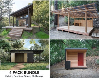4 Pack - Save on Tiny House Cabin Plans - Pavilion Plans - Modern Shed plans - Outhouse plans - PDF