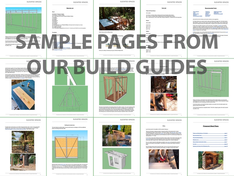 May include: Sample pages from a build guide for an elevated platform or treehouse. The guide includes diagrams, instructions, and photos of the construction process. The text on the page reads "Elevated Spaces".