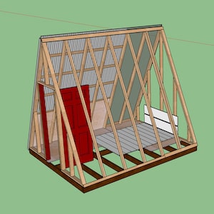 Puede incluir: Un marco de madera para un cobertizo peque&ntilde;o con una puerta roja y un techo de metal. El cobertizo est&aacute; en construcci&oacute;n y las paredes a&uacute;n no est&aacute;n terminadas.