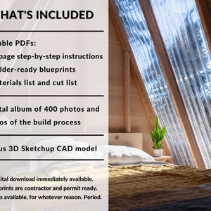 Puede incluir: Una lista de productos digitales para una gu&iacute;a paso a paso de 40 p&aacute;ginas para construir una casa peque&ntilde;a. La lista incluye planos, una lista de materiales, una lista de corte, 400 fotos y videos del proceso de construcci&oacute;n, y un modelo 3D Sketchup CAD. La imagen muestra una casa terminada con una cama y una planta.