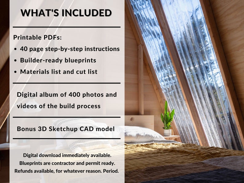 Puede incluir: Una lista de productos digitales para una gu&iacute;a paso a paso de 40 p&aacute;ginas para construir una casa peque&ntilde;a. La lista incluye planos, una lista de materiales, una lista de corte, 400 fotos y videos del proceso de construcci&oacute;n, y un modelo 3D Sketchup CAD. La imagen muestra una casa terminada con una cama y una planta.
